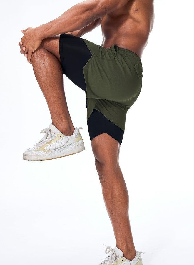 Surenow شورت رياضي رجالي من Surenow، سريع الجفاف، مناسب للتمارين الرياضية، تصميم 2 في 1، طول 5 بوصات، مناسب للجري والتمارين الرياضية، مزود بجيب للهاتف، لون أخضر - Image 3